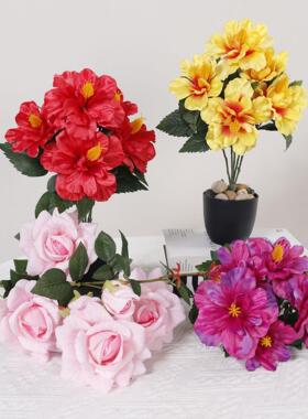 级感仿真爱丽丝玫瑰花朱槿花客厅餐桌仿真花插花摆件假花装饰