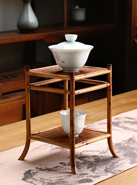 竹制手工编织席面四脚置物架四脚小茶台便携置物架摆件展示架花架