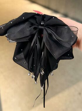 黑色网纱蝴蝶结马尾夹水钻吊坠竖