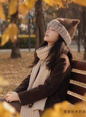 秋冬猫耳针织帽女保暖显脸小