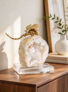 天然水晶晶洞工艺品 金色蜻蜓 桌面玄关招财装饰品