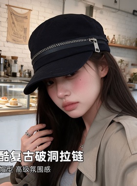 美式复古拉链平顶鸭舌帽女显脸小