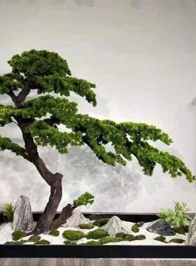 仿真迎客松造景大型绿植罗汉美人松树酒店楼梯下装饰摆件景观组合