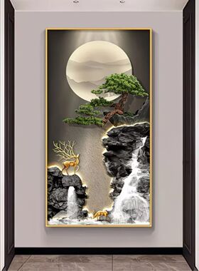 流水生财玄关装饰画山水迎客松入户走廊过道壁画客厅竖版墙上挂画
