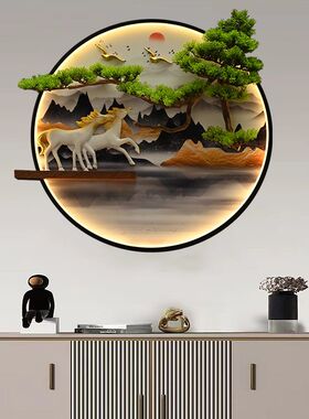 中式迎客松壁饰挂画客厅玄关沙发背景墙上圆形装饰画带灯墙面挂件