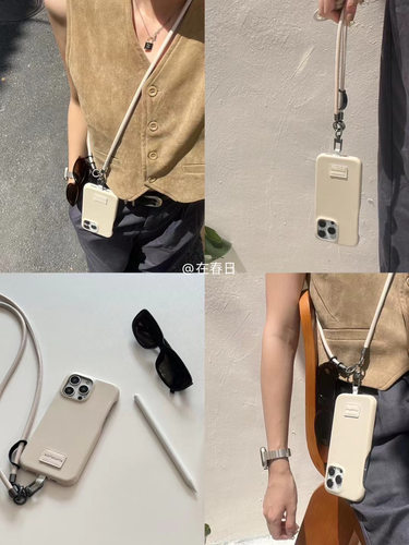 在春日美拉德ins高级感皮质斜挎挂绳手机壳17promax/14新款适用iPhone15pro/13promax硬壳16promax - 图1