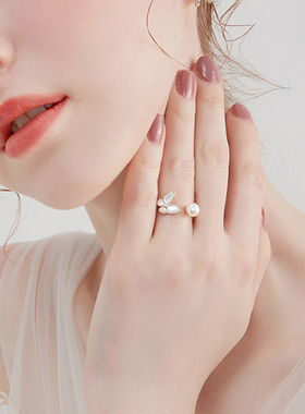 小香风天然珍珠锆石开口戒指开口