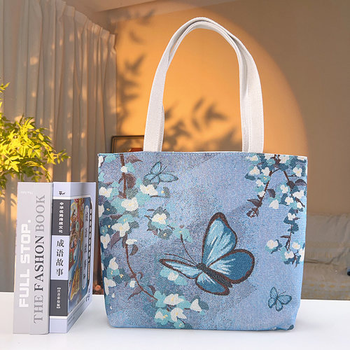 大容量帆布包女双面提花刺绣单肩包休闲百搭手提包上班通勤妈咪包 - 图0