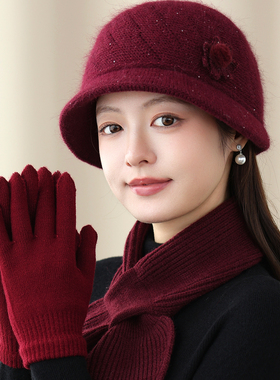 中老年人帽子围脖手套三件套女冬