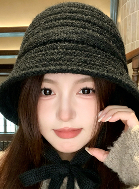 针织渔夫帽女秋冬季新款保暖盆帽显脸小百搭毛线帽羊毛帽子水桶帽