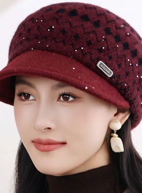 羊毛贝雷帽中老年人帽子女士秋冬保暖帽时尚洋气妈妈帽针织毛线帽