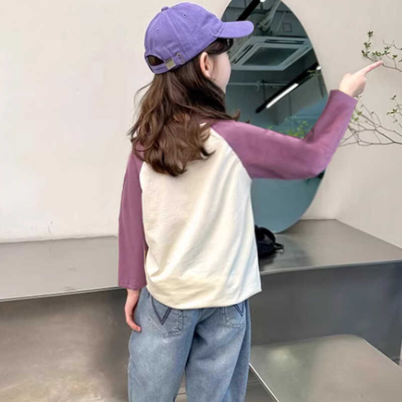 女童纯棉长袖T恤新款插肩袖春秋季儿童打底衫中大童女孩卡通上衣 - 图2
