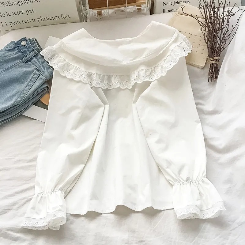 法式复古娃娃领白色衬衫女春秋季减龄时尚别致上衣内搭长袖衬衣潮,淘宝优惠券,粉丝福利购,淘宝优惠卷