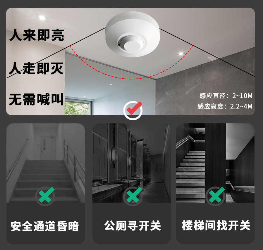 JIW微波雷达感应开关220V延时光感距离可调吸顶式智能人体传感器