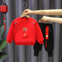 Boy 2024 new red festive sweatshirt Two sets of baby winter gushed and thickened Baiyenserve Childrens suit