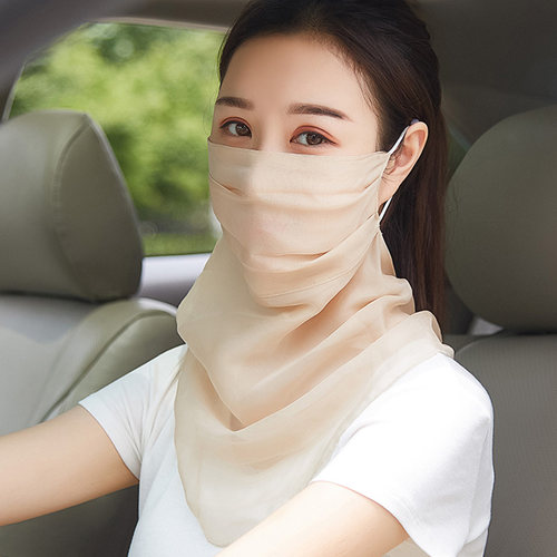 100%桑蚕丝真丝口罩护颈夏透气薄款易呼吸面纱女骑车遮脸面罩遮阳 - 图0
