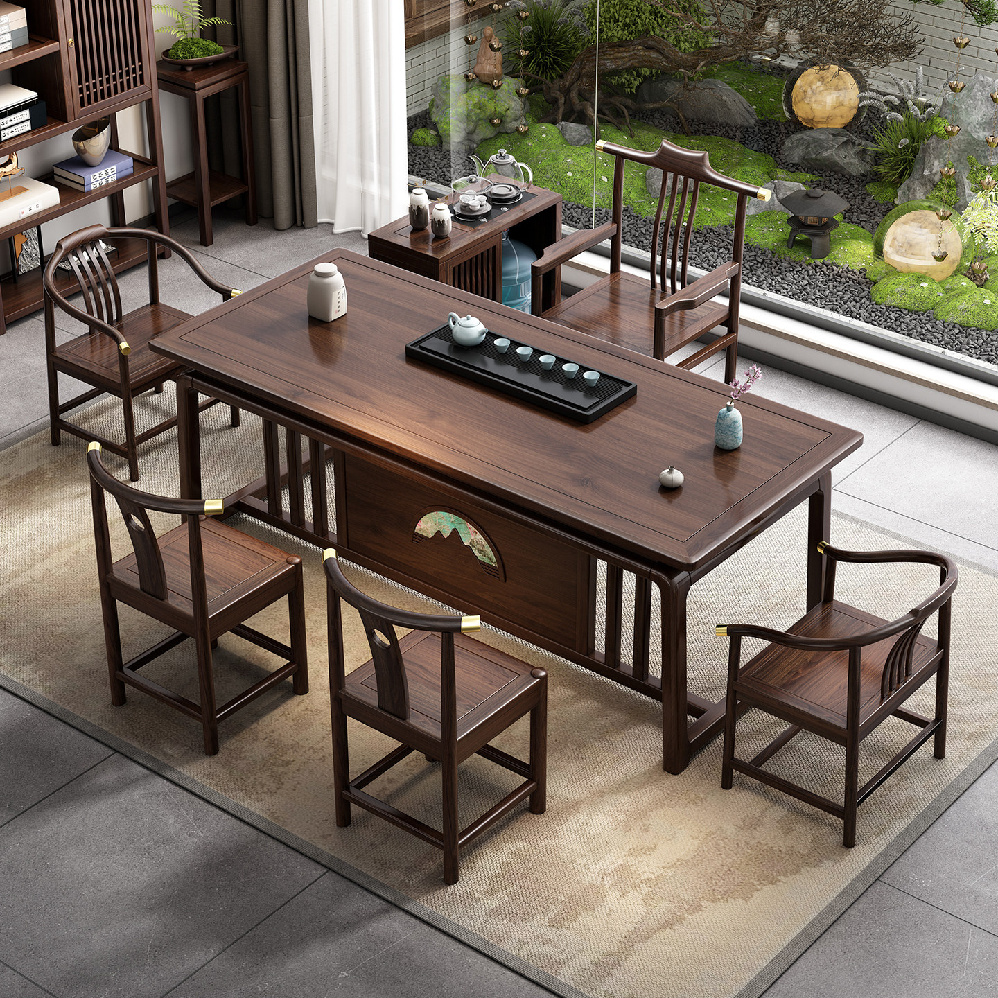 新中式乌金木实木茶桌茶台烧水壶一体茶桌椅组合办公室小型带茶盘,淘宝优惠券,粉丝福利购,淘宝优惠卷