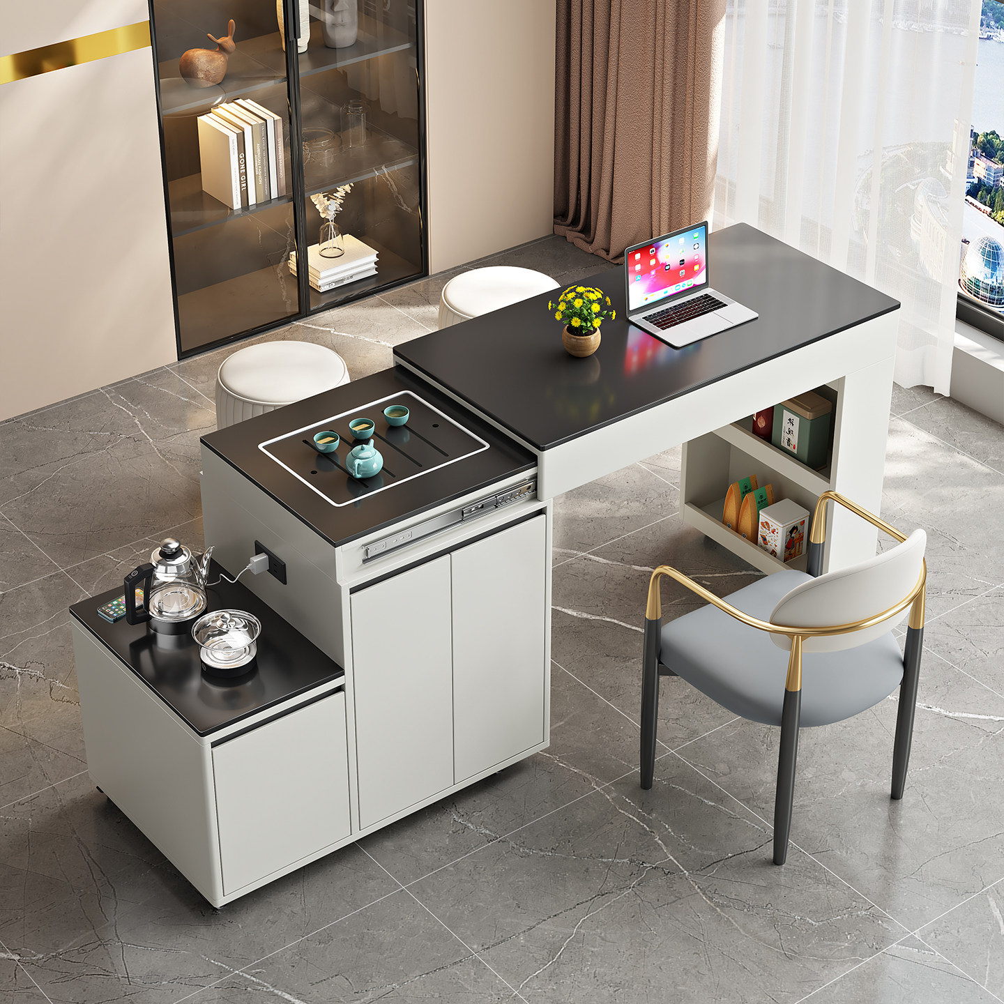 可旋转伸缩移动小茶台岩板茶桌椅组合现代简约轻奢家用阳台泡茶桌,淘宝优惠券,粉丝福利购,淘宝优惠卷