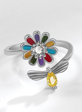 新品可旋转向日葵蜜蜂食指戒指