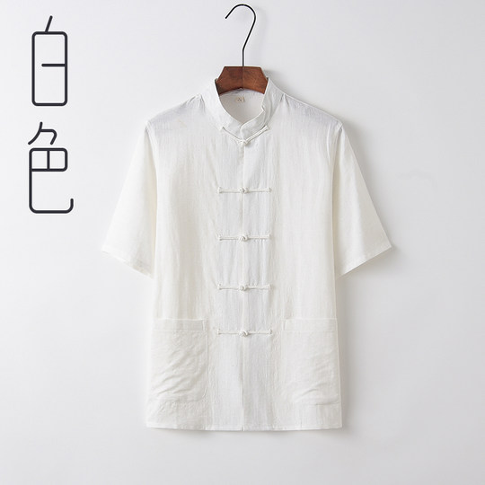 中国风宽松短袖衬衫复古唐装男青中年半袖上衣夏季居士禅修服茶服