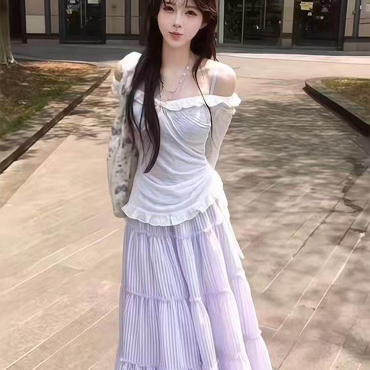 夏季新款甜美温柔风紫色吊带背心设计感防晒罩衫高腰半身裙套装女,淘宝优惠券,粉丝福利购,淘宝优惠卷