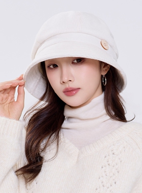 黑色灯芯绒渔夫帽女秋冬大檐显脸