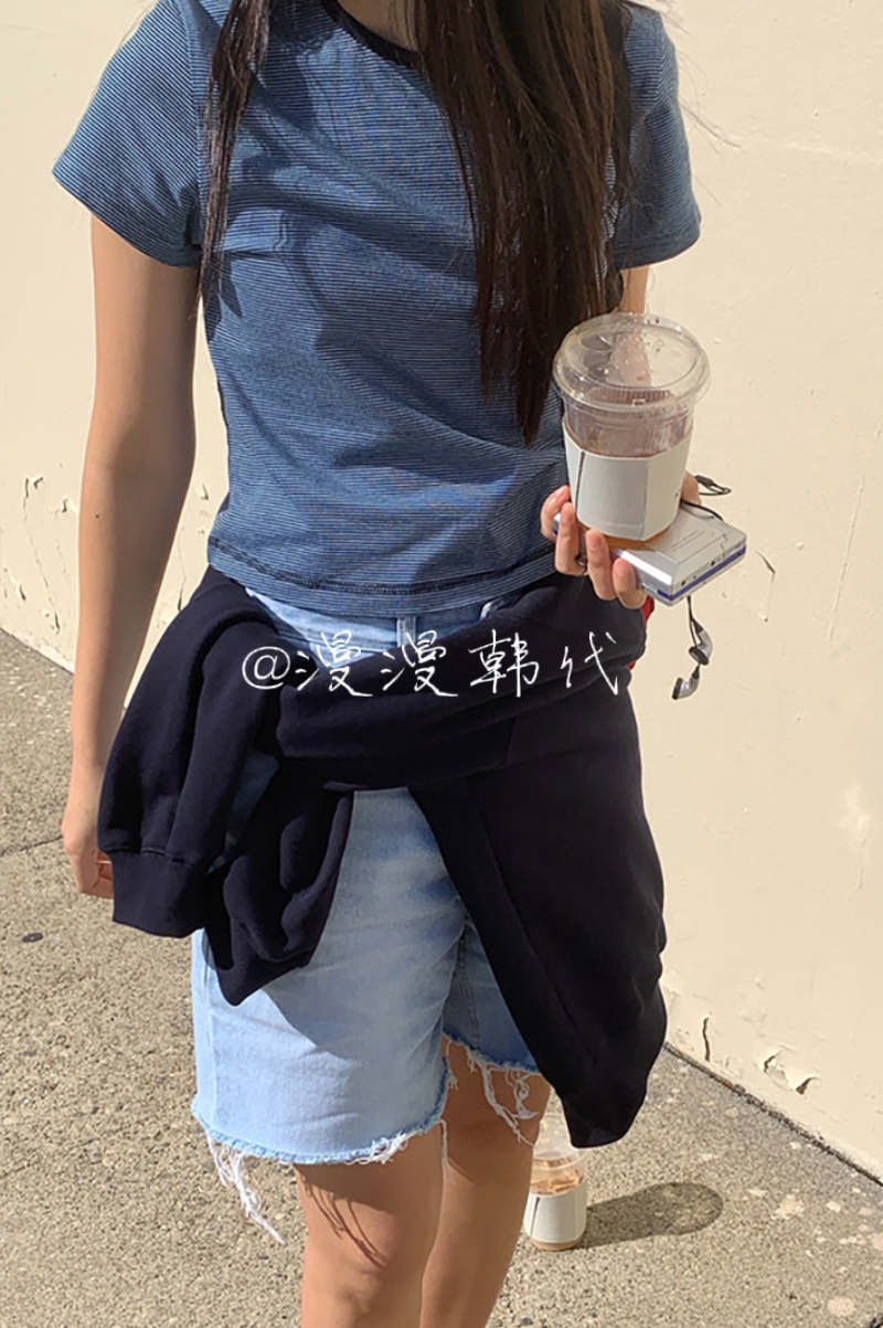 现 haag韩国正品代购女2024夏季新款气质修身百搭圆领条纹短袖T恤-图3