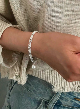 S925银古巴链淡水珍珠甜酷手链女