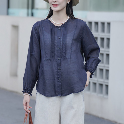 麻意 100%苎麻木耳领衬衫女长袖 2026夏季薄款风琴褶上衣 - 图0