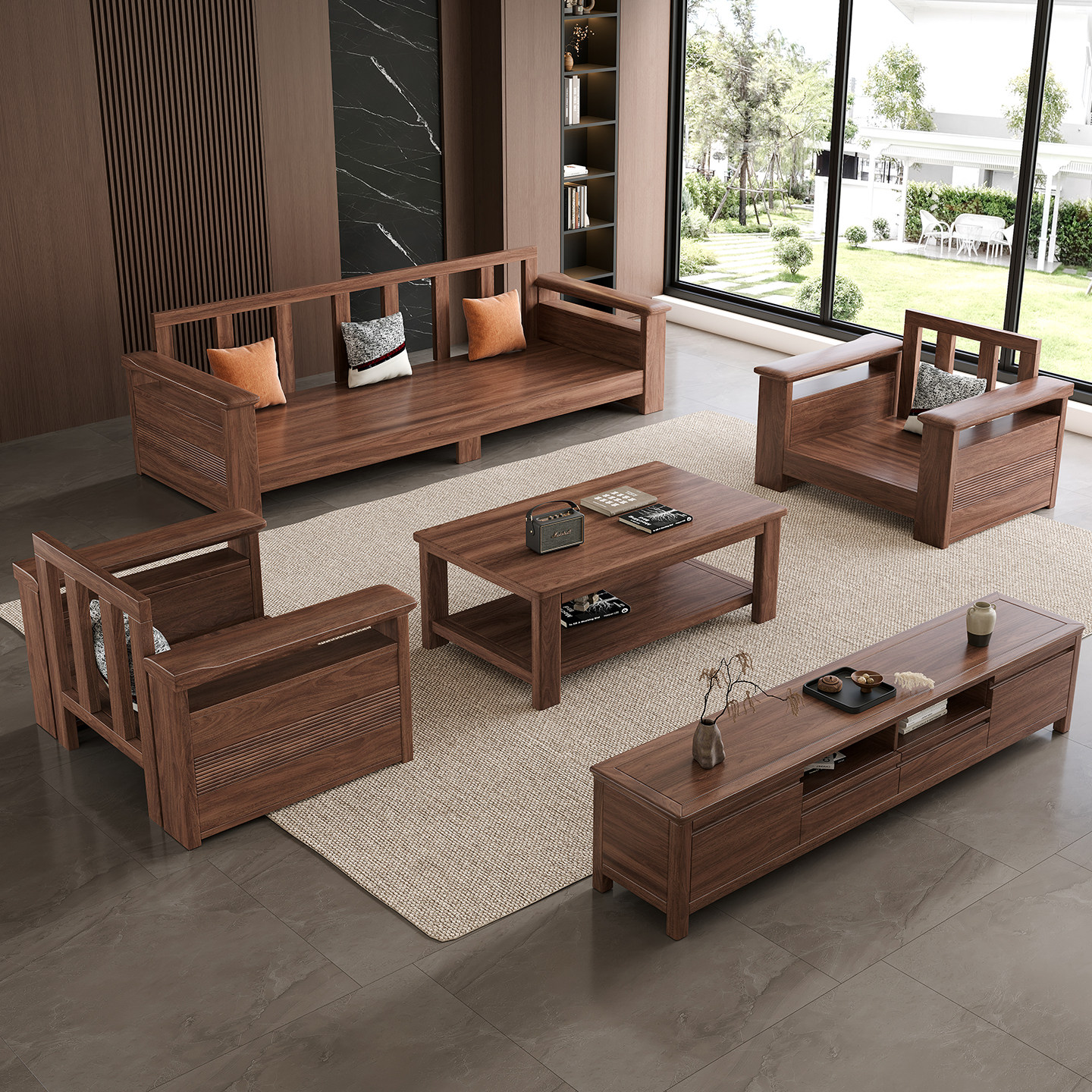 宋氏美学北美黑胡桃实木沙发客厅直排L型转角沙发布艺组合家具