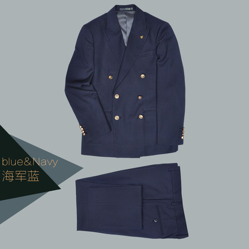ZBTO藏青色海军蓝制服修身款羊毛男士时尚商务双排扣西装西服套装 - 图0