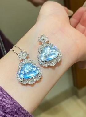 S925银海蓝宝佛公吊坠项链女款锁骨链送女友礼物平安扣项链水晶