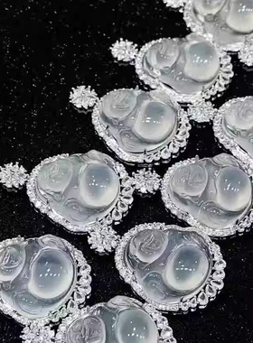 天然玉髓高冰种白底飘花佛公吊坠18K金镶嵌笑佛挂件雪花佛