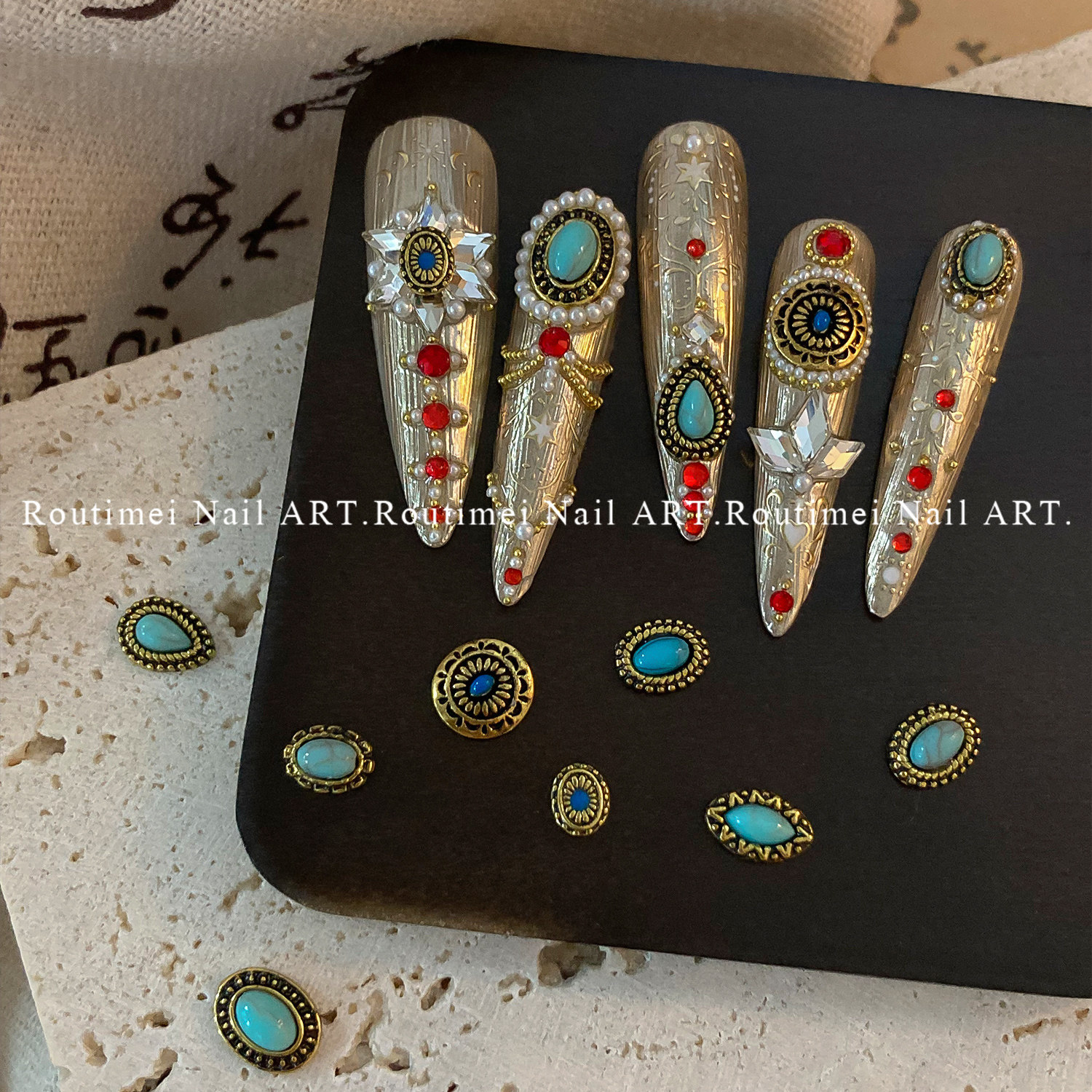 复古 饰品镶嵌绿松石海蓝宝水晶蛋面碧玉DIY美甲小饰品花盘扣花古,淘宝优惠券,粉丝福利购,淘宝优惠卷