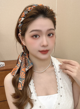 复古链条发箍缎面布艺压发卡头箍飘带发带女绑发一体系编发头饰夏