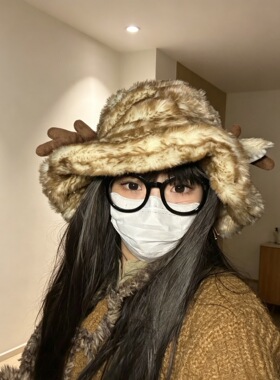 可爱毛绒绒鹿角渔夫帽子女秋冬季加厚加绒保暖显脸小盆帽圣诞氛围