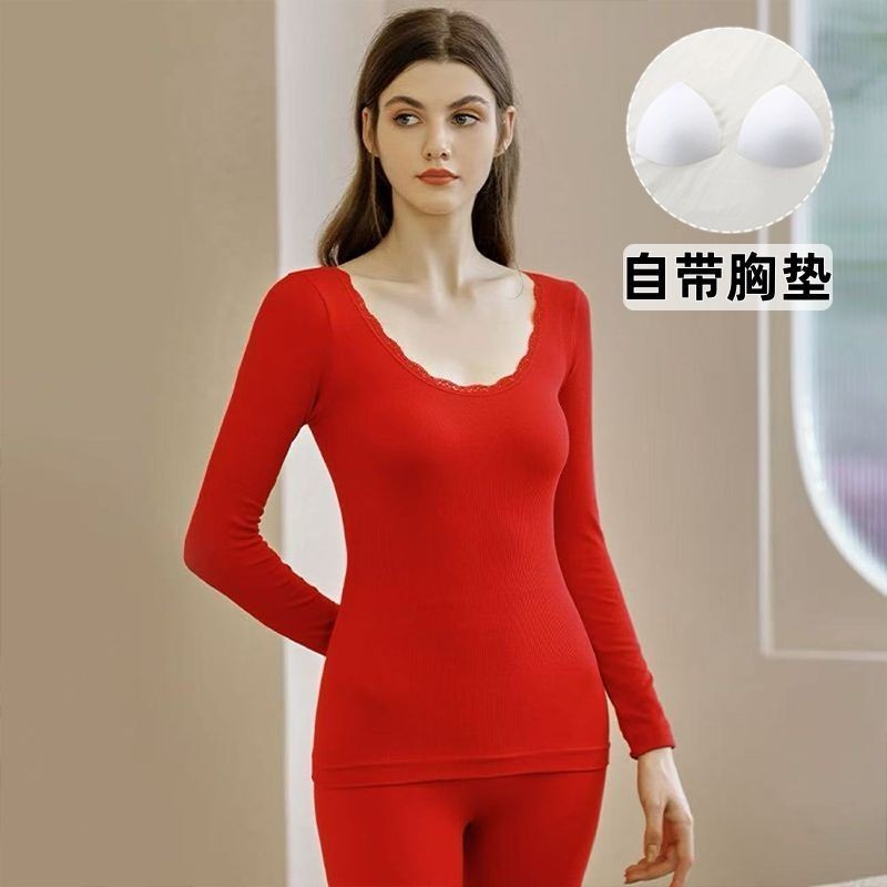 冬季带胸垫秋衣秋裤套装女士加厚修身保暖内衣女免穿文胸家居服 - 图2