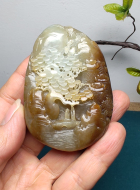 和田玉且末糖青白玉山水苏工把件