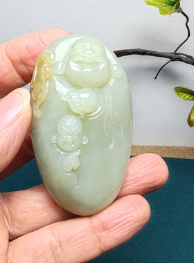 新疆和田玉且末糖青白玉佛童子蝙蝠手把件精品男女国风佛引福来