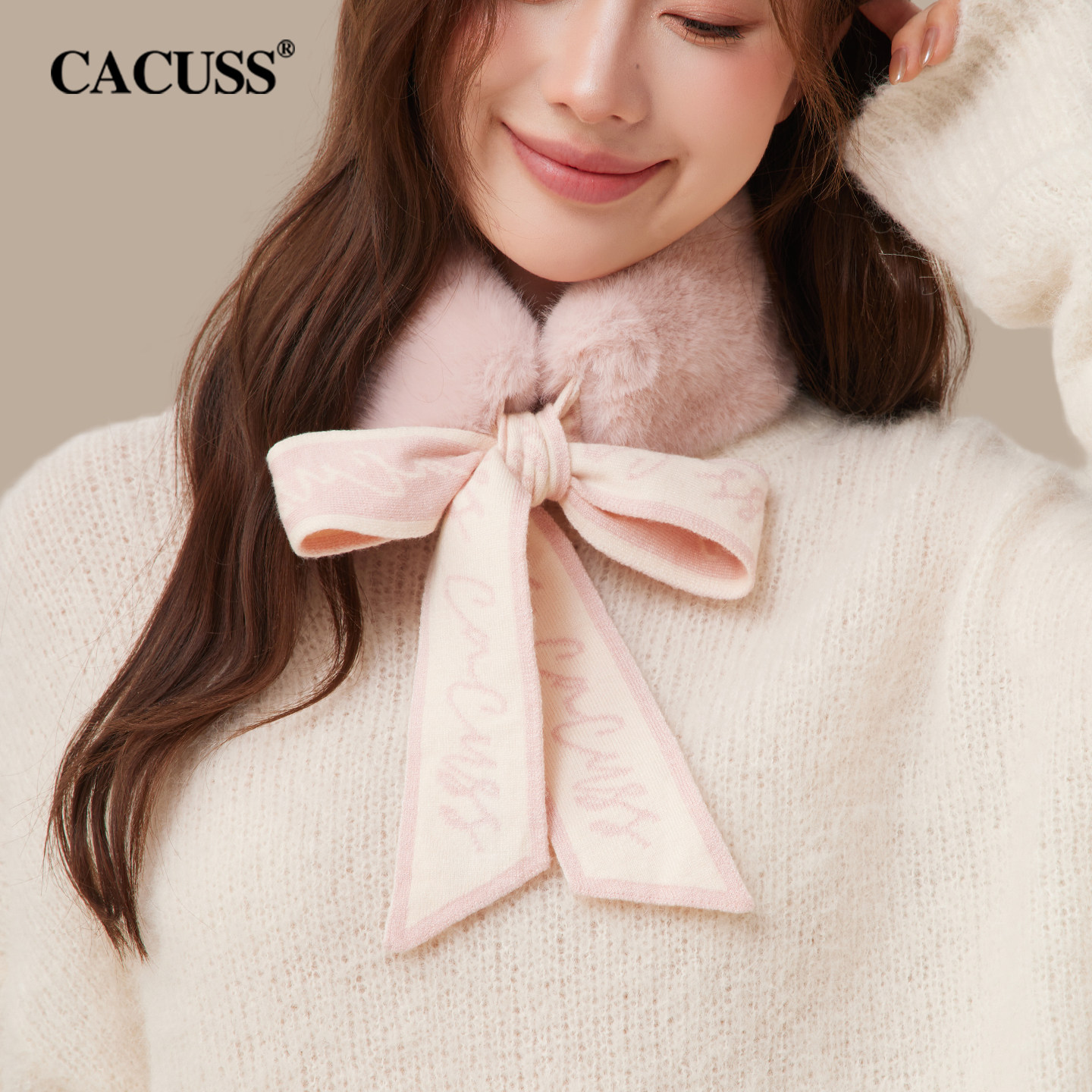 CACUSS毛绒小围巾女秋冬新款针织交叉围脖保暖毛领子护颈防寒脖套