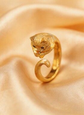 PURE精雕猫咪戒指镀金拉丝蓝猫眼甜美可爱猫咪食指戒