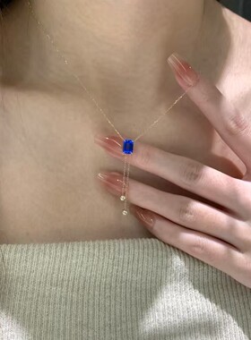 PURE深海蓝浓郁方糖流苏吊坠项链女复古简约小众设计感锁骨颈链