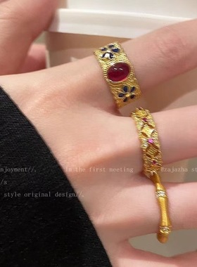 PURE轻奢珐琅宫廷金色戒指竹节中式复古时尚小众指环戒旗袍穿搭