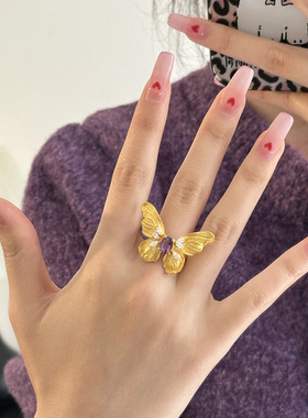 PURE 爆闪紫宝鸽子蛋蝴蝶戒指女古法金工轻奢新中式穿搭食指戒