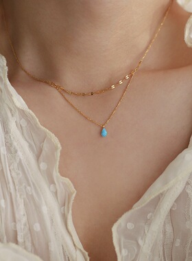 PURE日系小巧人造欧泊蓝水滴吊坠项链女细闪金链双层叠戴锁骨链