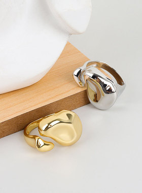 PURE法式老钱风液体金属戒指男女同款简约凹凸面不规则几何冷淡风