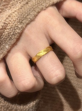 PURE中古金色拉丝流光丝绸素圈戒指复古简约轻奢感细闪女食指戒