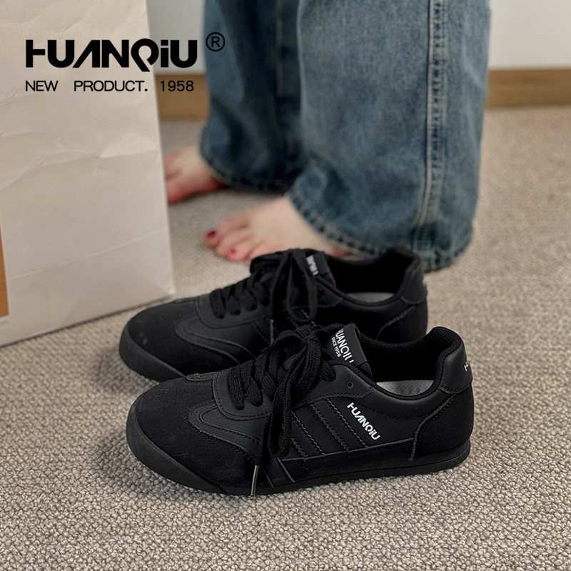 环球黑色德训鞋女2025秋季新款复古百搭运动平底板鞋休闲小黑鞋子,淘宝优惠券,粉丝福利购,淘宝优惠卷