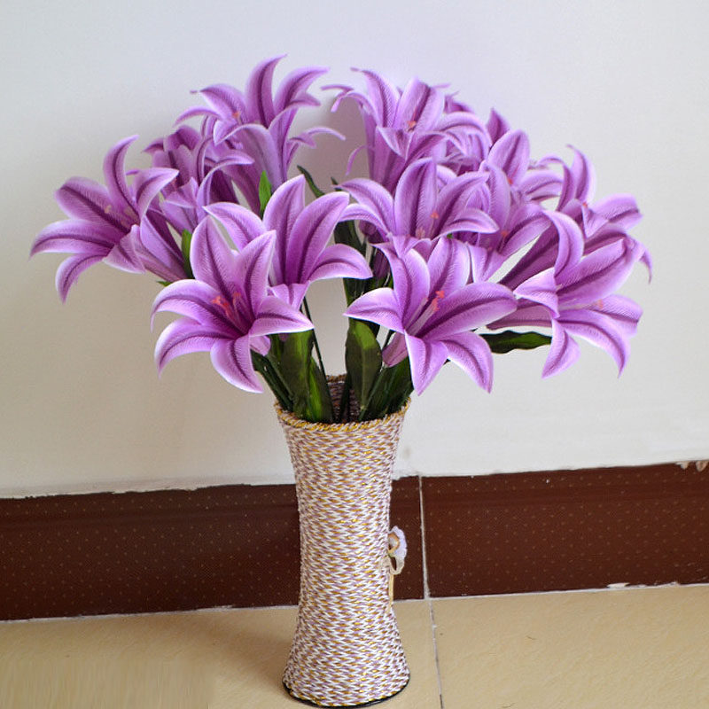 仿真香水百合花束包邮 红色10头大花朵装饰假花 客厅紫色花瓶插花