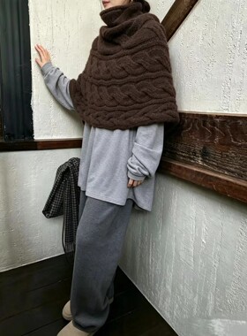 2026春秋冬新款100%纯羊毛衫女高领毛衣披肩针织麻花堆堆领斗篷